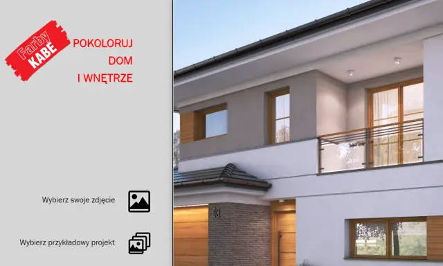 Program do projektowania elewacji. Wizualizacja nowoczesnego domu z drewnianymi elementami i szklaną balustradą.