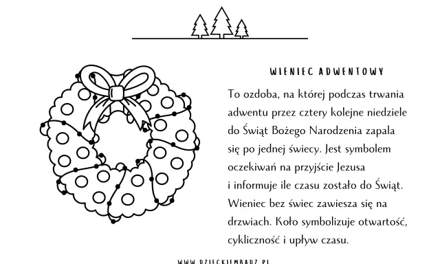 Ilustracja przedstawia wieniec adwentowy, ważny element tradycji bożonarodzeniowych dla dzieci. Symbolizuje oczekiwanie na święta.