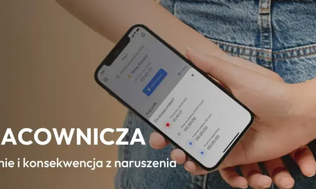 Aplikacja na telefonie pokazuje podstawowy system czasu pracy, z informacją o zaplanowanej przerwie i możliwością zatrzymania czasu.