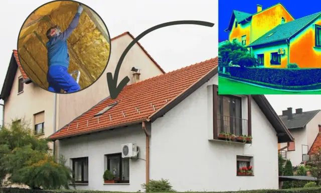 Izolacja poddasza zmniejsza zużycie energii. Termowizja pokazuje domy z różnymi stratami ciepła.