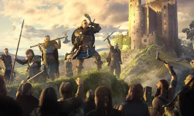 Wikingowie z Assassin's Creed Valhalla szykują się do ataku na zamek. Eivor gra na rogu, a jego wojownicy podnoszą broń.