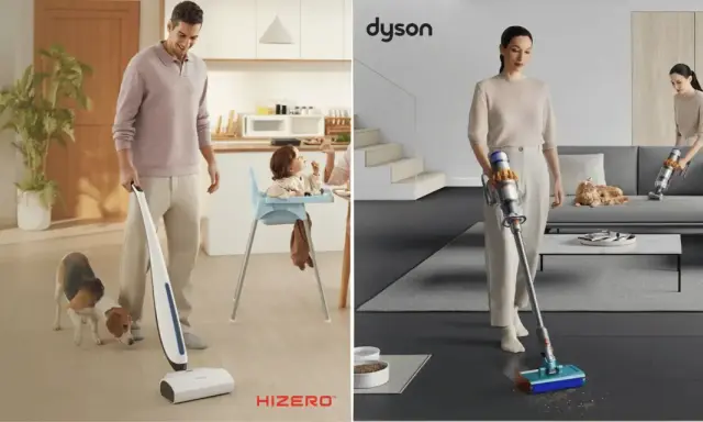 Porównanie mopów myjących: mężczyzna z psem i mopem Hizero po lewej, kobieta z odkurzaczem Dyson po prawej.