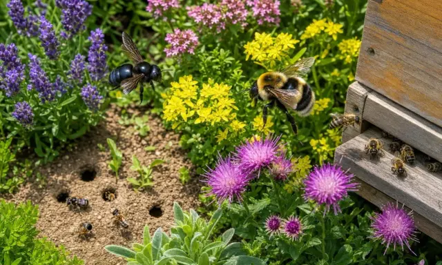 Un bourdon noir et un bourdon rayé volent près de fleurs colorées, tandis que des abeilles travaillent près d'une ruche. Le bourdon vs abeille, une scène de jardin animée.