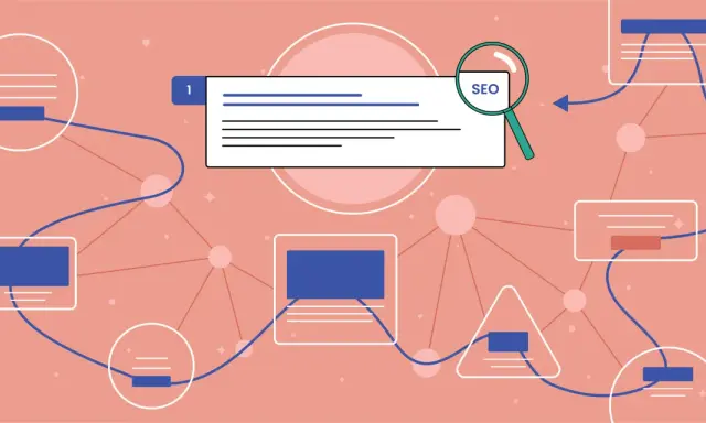Schematyczne przedstawienie procesu SEO. Lupa z napisem "SEO" wskazuje na wyszukiwarkę. Różne kształty połączone liniami symbolizują etapy pracy.