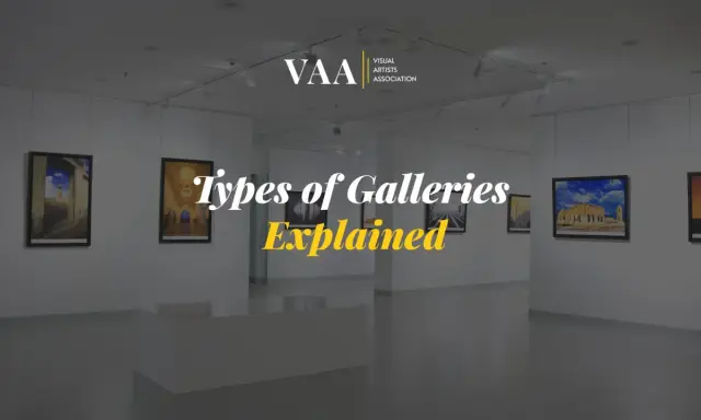 Visual Artists Association logo above text "Types of Galleries Explained" in a modern art gallery setting.