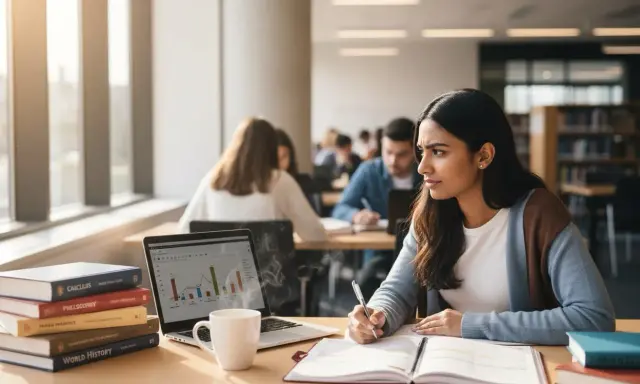 Studentka pochłonięta nauką, być może planuje drugi kierunek studiów. Na biurku laptop, książki i gorąca kawa.