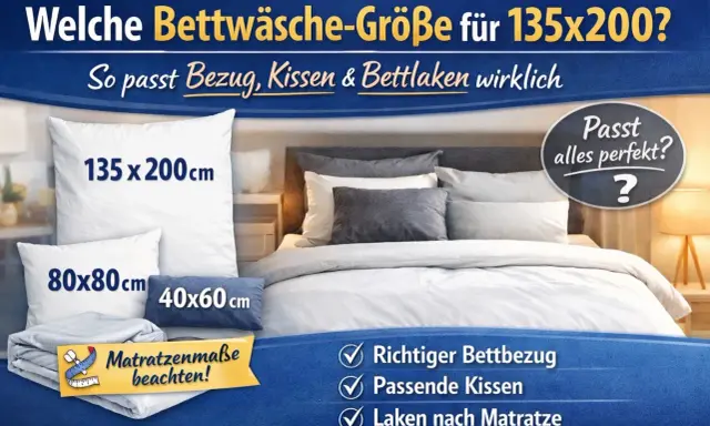 Bettbezug, Kissen und Laken in den Größen 135x200 cm, 80x80 cm und 40x60 cm werden auf einem Bett präsentiert. Die Frage "was ist bettbezug" wird durch die Abbildung und den Text "Richtiger Bettbezug" beantwortet.