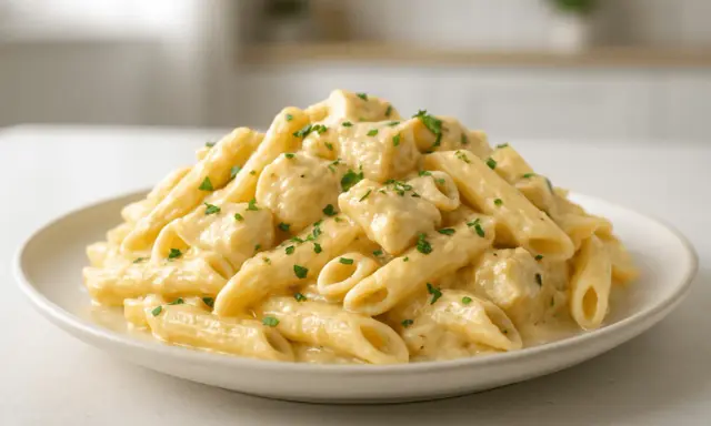 Penne z kawałkami kurczaka w kremowym sosie serowym, posypane natką pietruszki. Pyszne danie, które z pewnością zadowoli każdego miłośnika kurczaka w sosie serowym.