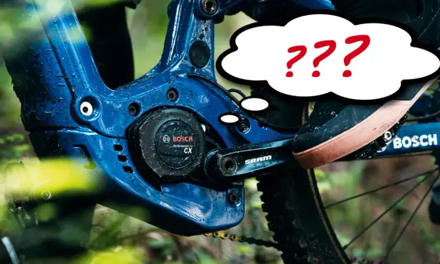 Fragezeichen über dem Bosch CX Gen 4 Motor am E-Bike. Wie kann man den Bosch CX Gen 4 leiser machen?