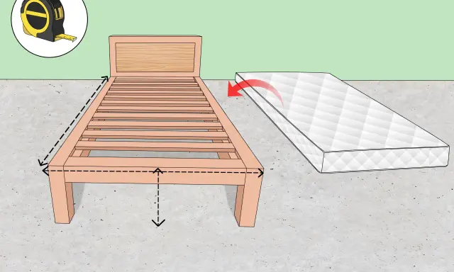 Cinta métrica y cama de madera. Se muestran flechas indicando cómo se mide un colchon para asegurar el ajuste perfecto.