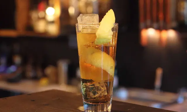 Ein Longdrink mit Eis, Zitronenzeste und einer Orangenscheibe. Die Zitrone windet sich wie ein Pferdehals im Glas.