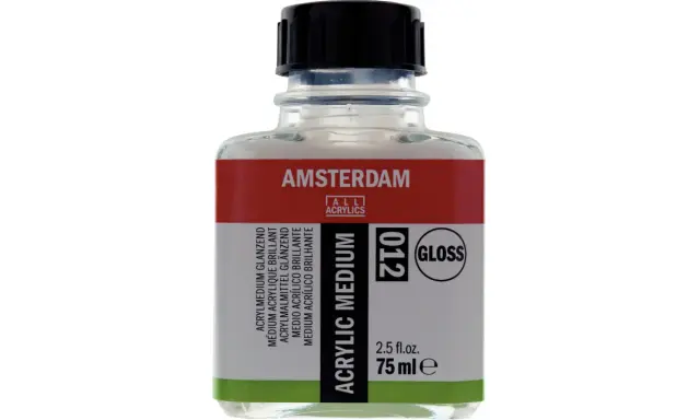 Buteleczka z błyszczącym medium akrylowym Amsterdam. Idealne, by dowiedzieć się, czym rozcieńczyć farbę akrylową, nadając jej połysk.