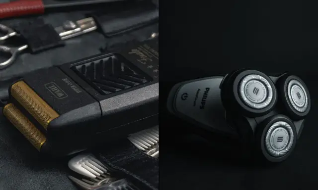 Dwie golarki męskie: foliowa Wahl i rotacyjna Philips, na ciemnym tle.