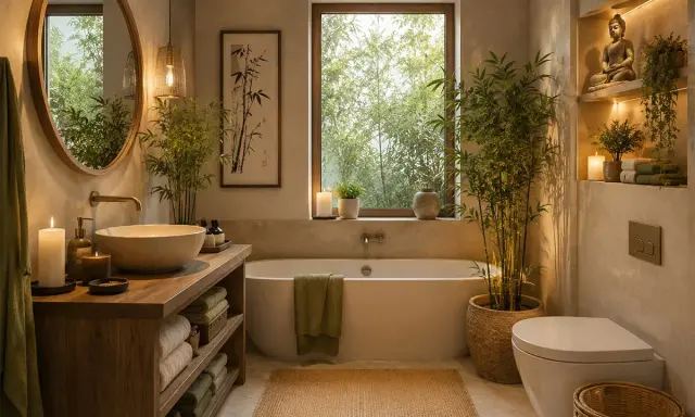 Un rilassante bagno verde e beige con vasca, lavabo, piante di bambù e una statua di Buddha.