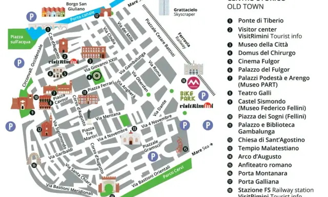 Mappa del centro storico di Rimini: scopri cosa fare a Rimini, tra monumenti, musei e il lungomare.