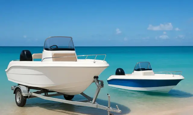 Deux bateaux blancs sur une plage de sable fin, l'un sur une remorque. Idéal pour un compromis vente bateau sous le soleil.