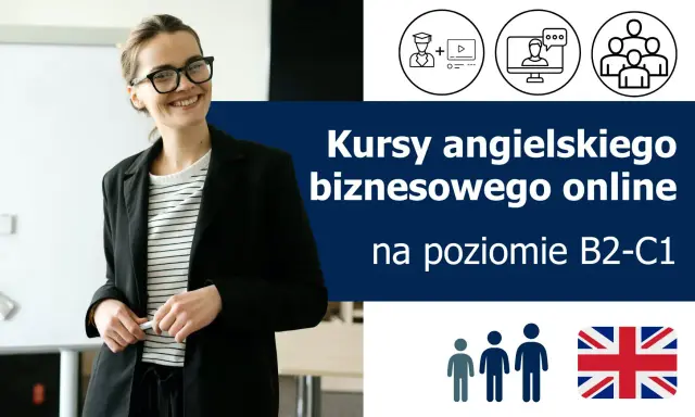 Uśmiechnięta kobieta w okularach zaprasza na kursy **business english online**. Rozwijaj karierę z nami!