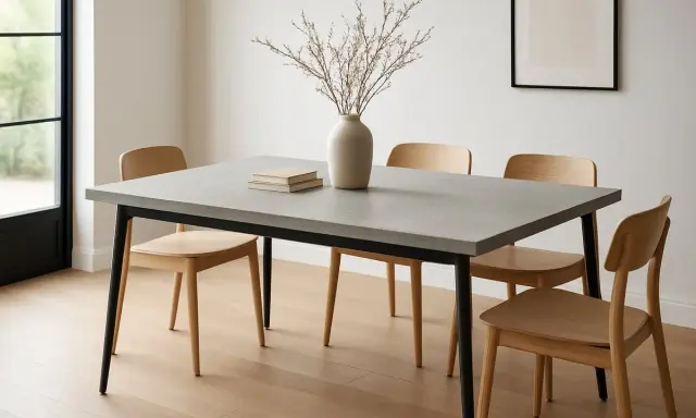 Un elegante tavolo minimal design con piano in cemento e sedie in legno chiaro. Un vaso con rami secchi e due libri completano l'arredo.