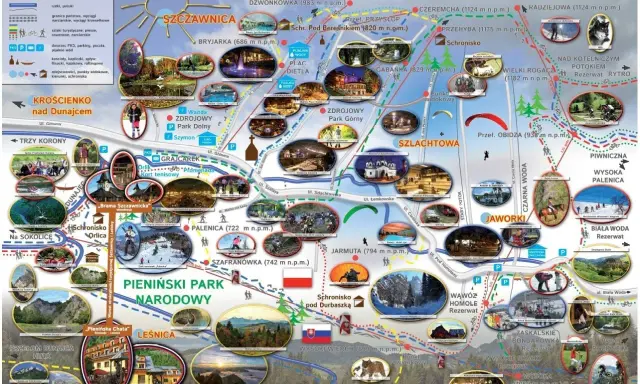 Mapa atrakcji turystycznych Szczawnicy i okolic. Znajdziesz tu szlaki piesze, rowerowe, narciarskie, punkty widokowe, schroniska i zabytki.