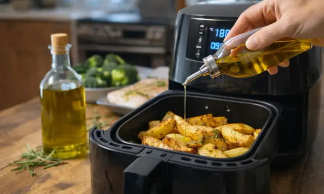 A mano vierte aceite de oliva virgen extra para cocinar sobre patatas en una freidora de aire.