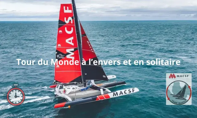 Trimaran MACSF en pleine mer, prêt pour un tour du monde à l'envers et en solitaire. SVR Lazartigue, un défi audacieux.