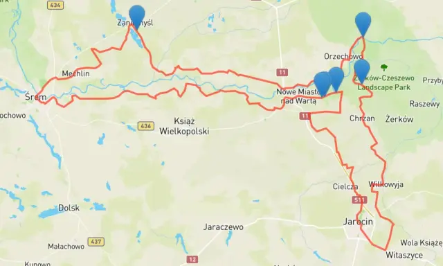 Trasa rowerowa Poznań-Jarocin, wiodąca przez Śrem, Mechlin, Nowe Miasto nad Wartą, Orzechowo i Jarocin.
