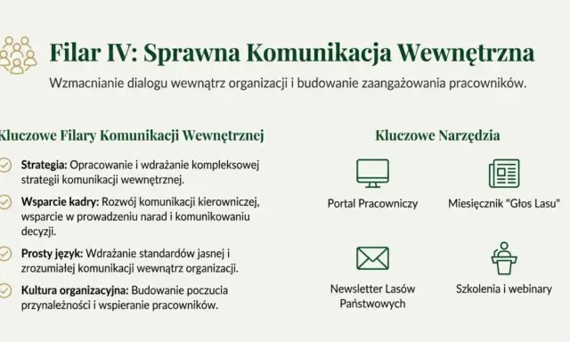 Plan komunikacji wewnętrznej przykład: filary (strategia, wsparcie kadry, prosty język, kultura) i narzędzia (portal, miesięcznik, newsletter, szkolenia).