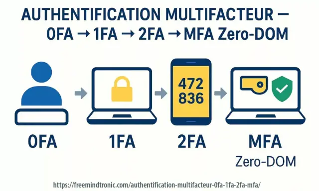 Illustration de l'évolution de l'authentification : OFA, 1FA (verrou), 2FA (téléphone avec code), MFA Zero-DOM (ordinateur avec badge de sécurité). La mfa sécurité renforce la protection.