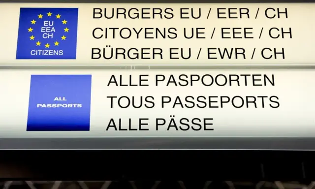Znaki informacyjne na lotnisku: "Obywatele UE/EOG/CH" i "Wszystkie paszporty". Strefa Schengen-lista państw.
