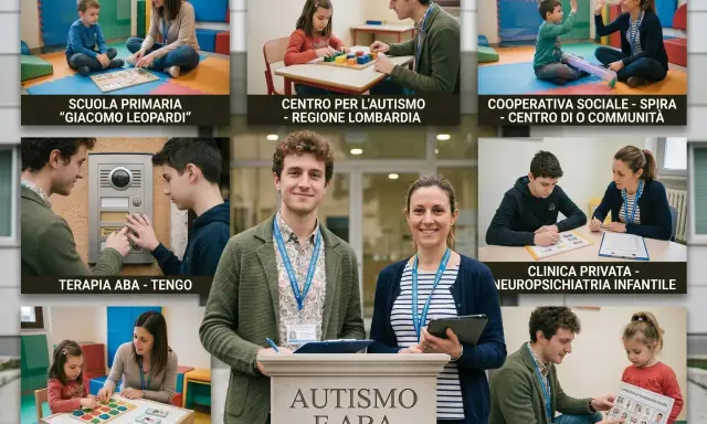 Scena di terapia ABA e autismo, con bambini e terapisti impegnati in attività educative. Il chiasmo significato è evidente nella struttura delle immagini, che riflettono un approccio olistico.