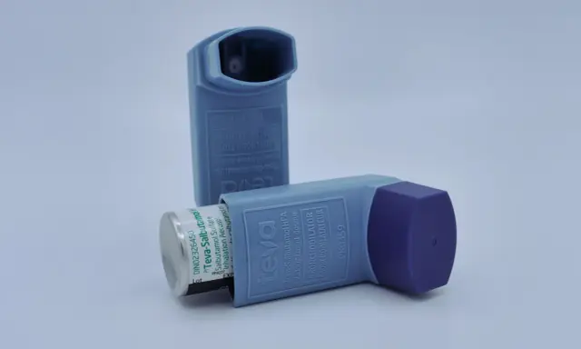 Zwei Inhalatoren, wichtig für den asthma notfallplan. Sie enthalten Salbutamol zur schnellen Linderung.