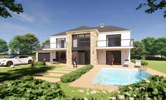 Une maison individuelle moderne avec piscine, conçue par un architecte, avec une voiture électrique et des enfants jouant.