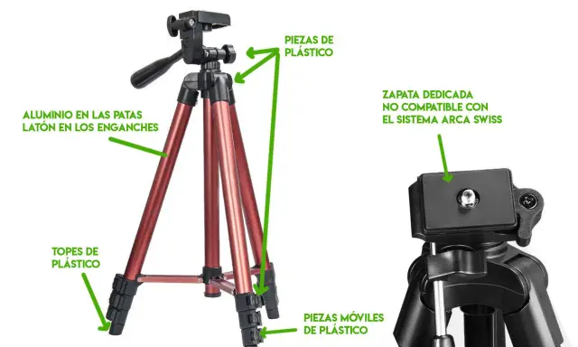 Detalle de las partes de un trípode: aluminio en patas, latón en enganches, topes y piezas móviles de plástico. Zapata dedicada no compatible con Arca Swiss.