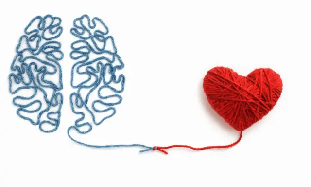 Cervello di filo blu collegato a un cuore di filo rosso. Un elenco di sentimenti ed emozioni che uniscono mente e cuore.