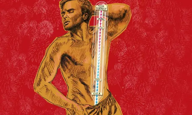 Mężczyzna z zamkniętymi oczami, na tle fajerwerków, z termometrem emocji od "ciszy" do "orgazmu".