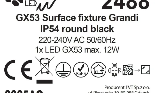 Oprawa GX53 Grandi, IP54, okrągła, czarna. Zasilanie 220-240V AC, 1x LED GX53 max. 12W. Certyfikaty CE, RoHS.