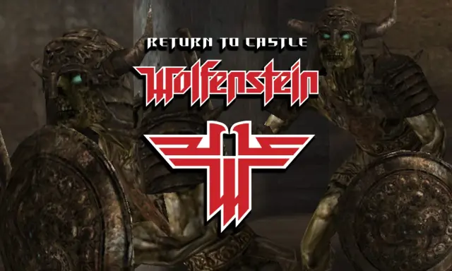 Powrót do zamku Wolfenstein: spolszczenie. Dwa przerażające, zbrojne szkielety z zielonymi oczami, gotowe do walki.