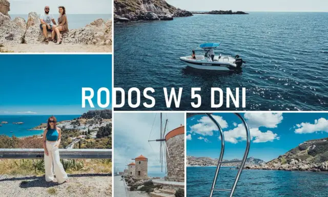 Rodos atrakcje: para na skałach, łódź na morzu, widok na Lindos, wiatraki, kąpiel w morzu.