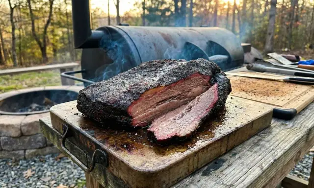 Perfekter Brisket Smoker-Duft liegt in der Luft. Ein saftiges, geräuchertes Brisket ruht auf einem Holzbrett, bereit zum Servieren.