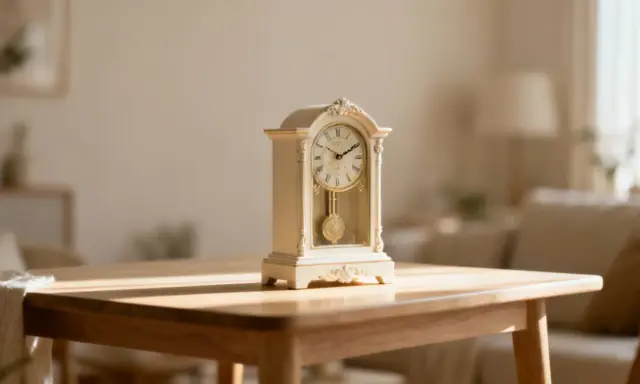 Une belle horloge ancienne, ornée de détails classiques, trône sur une table en bois. Son pendule doré oscille doucement, invitant à une estimation de son charme intemporel.