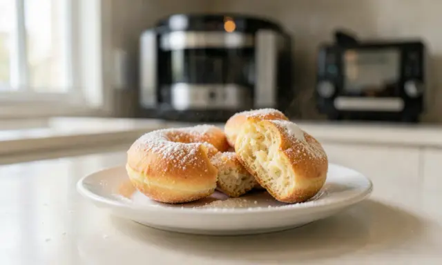 Assiette de pâte à beignets saupoudrée de sucre glace, prête à être dégustée.