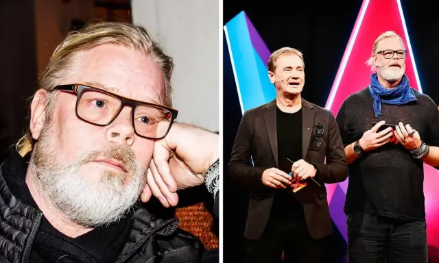 Henric von Zweigbergk, känd för sina uttrycksfulla framträdanden, syns här i två olika sammanhang. Till vänster en närbild med glasögon och skägg, till höger på scen med en kollega.