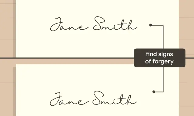 Due firme "Jane Smith" a confronto, con una freccia che indica "trova segni di falsificazione". La grafologia ne svela il significato.