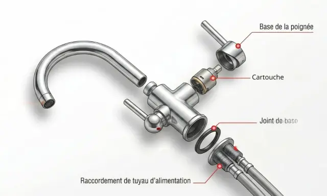 Schéma d'un robinet mitigeur démonté : bec, cartouche, joint, raccords d'alimentation.