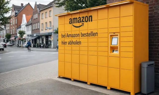 Żółty automat paczkowy Amazon na niemieckiej ulicy. Wygodne odbieranie zamówień z portali ogłoszeniowych Niemcy.