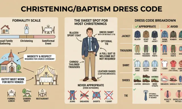 Guide to what to wear to a christening: opt for a blazer, dress shirt, chinos, and leather shoes. Avoid jeans, sneakers, and t-shirts.