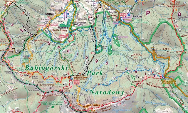 Fragment mapy turystycznej z zaznaczonymi szlakami i nazwami szczytów w Beskidzie Żywieckim, w tym Babia Góra.