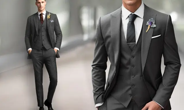 A man models a sharp grey suit with a white dress shirt, dark tie, and boutonnière. Perfect for any formal occasion.