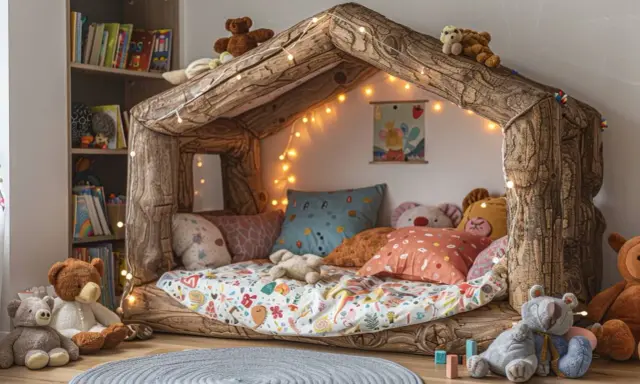 Un lit cabane en bois, décoré de guirlandes lumineuses, invite au jeu et à la lecture. Une belle idée pour une chambre d'enfant.