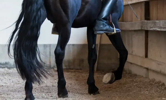 Ein schwarzes Pferd mit langer Mähne bewegt sich im Kreis. Der Reiter trägt schwarze Reitstiefel und sitzt auf dem **schenkelweichen Pferd**.